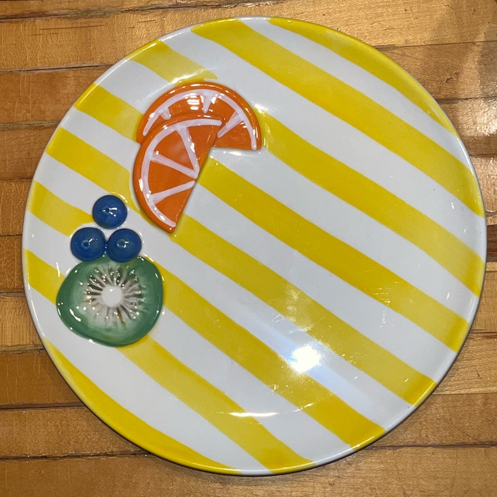 Urban Outfitters Yellow Ceramic Striped Fruit Plate NEW NWT